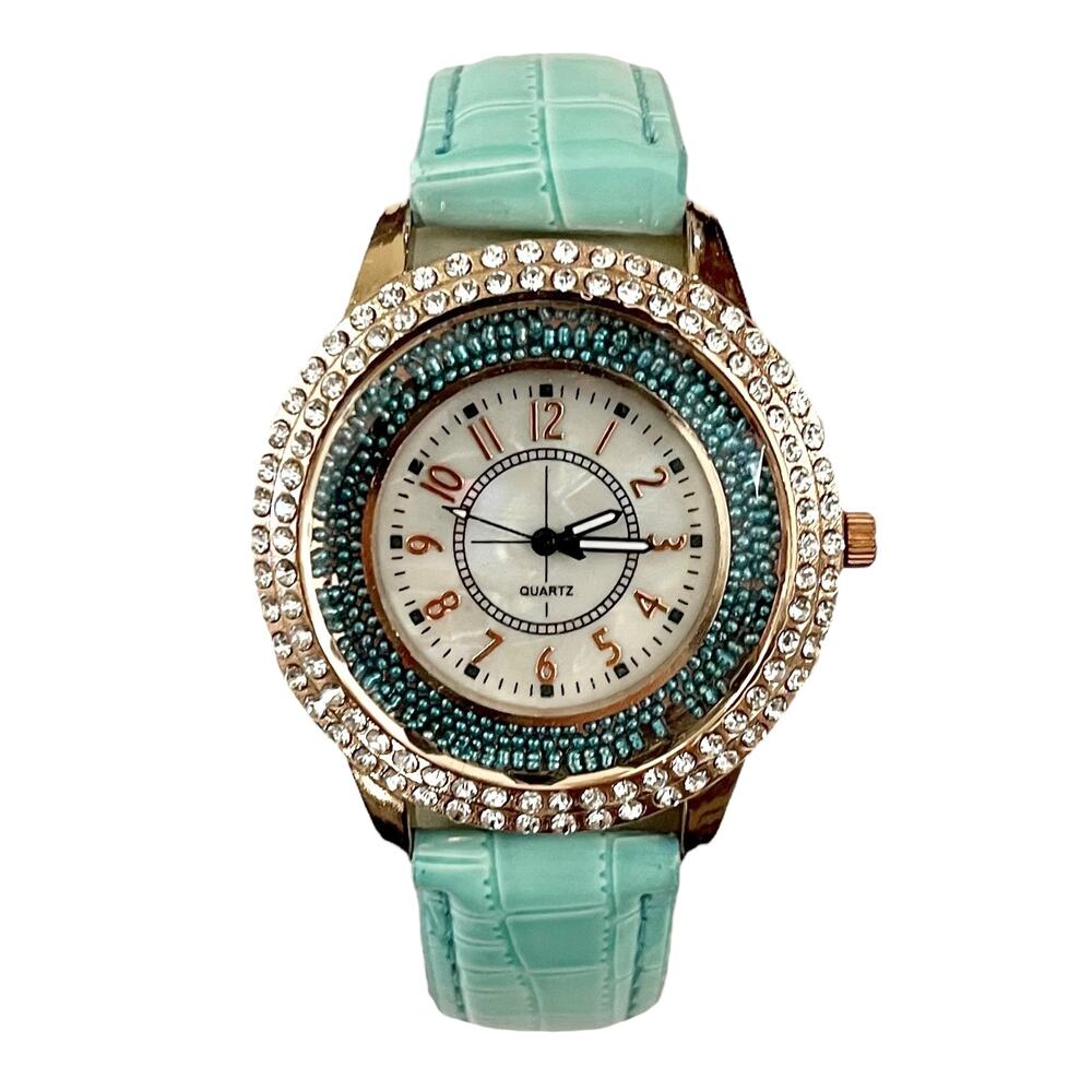 Women's RHINESTONE WATCH With MOVING BEADS Aqua Blue Band - NEW BATTERY
